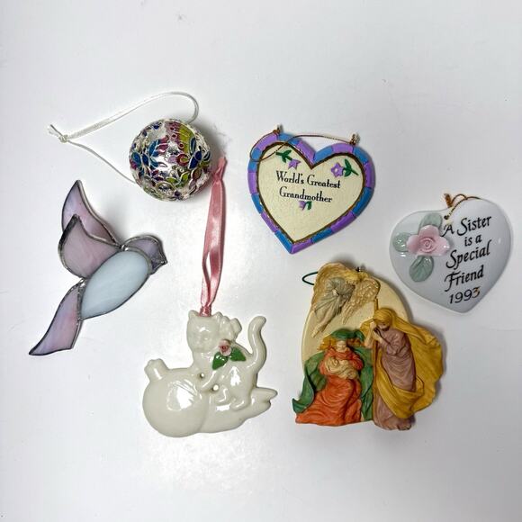 Hallmark Other - Vintage Ornament Lot Hallmark 1995 Cat Stained Glass Bird Cloisonné Heart Set